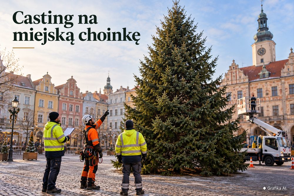 Pracownicy oceniający dużą choinkę na miejskim rynku